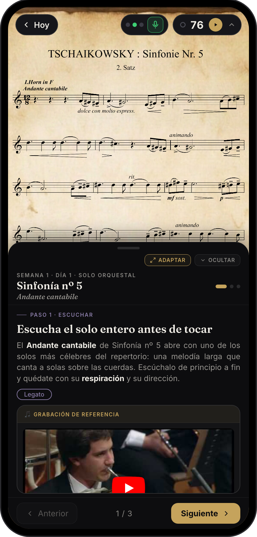 Briefing del día con partitura y vídeo de referencia