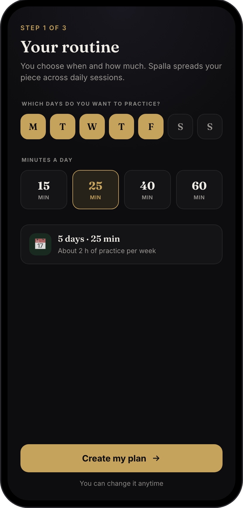 Spalla routine screen: choose your days and minutes