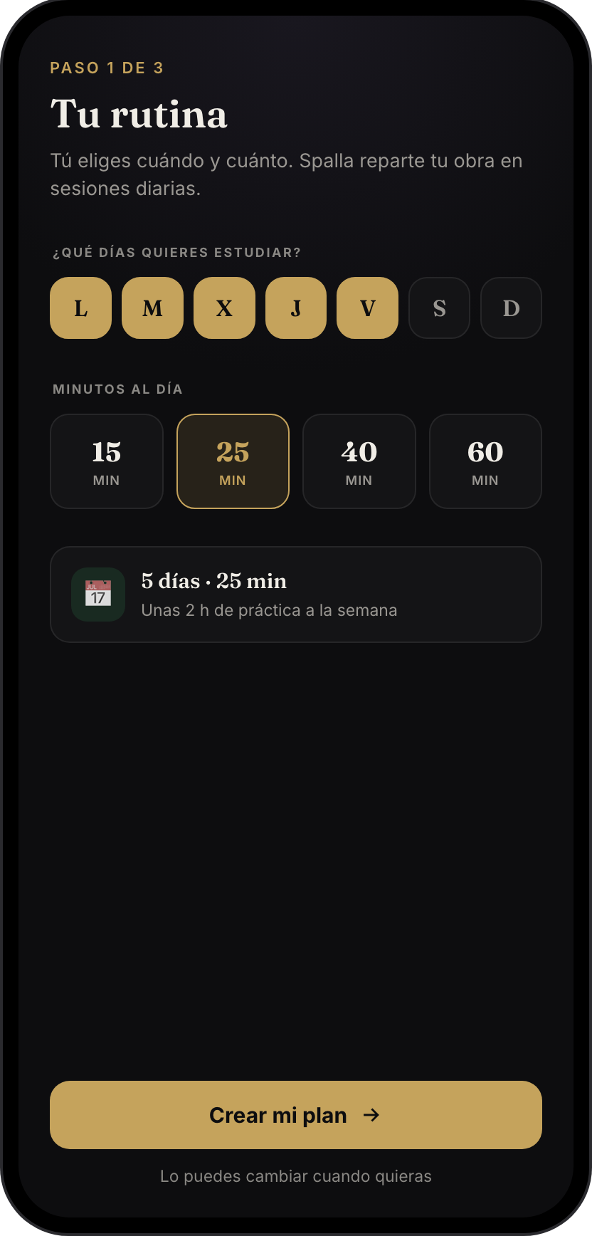 Pantalla de rutina en Spalla: elige días y minutos